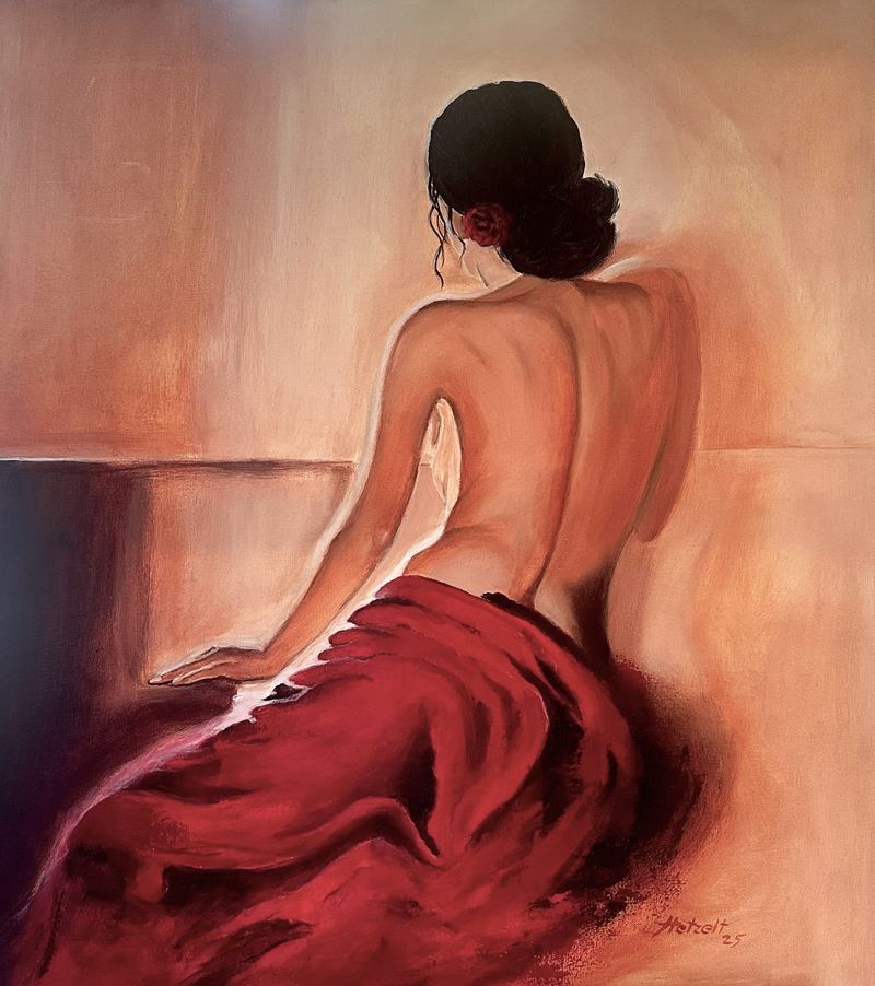 „Rückenakt in Rot“, Acrylgemälde, 60 x 70 cm aus der Serie Figur & Akt von Gisela Hetzelt