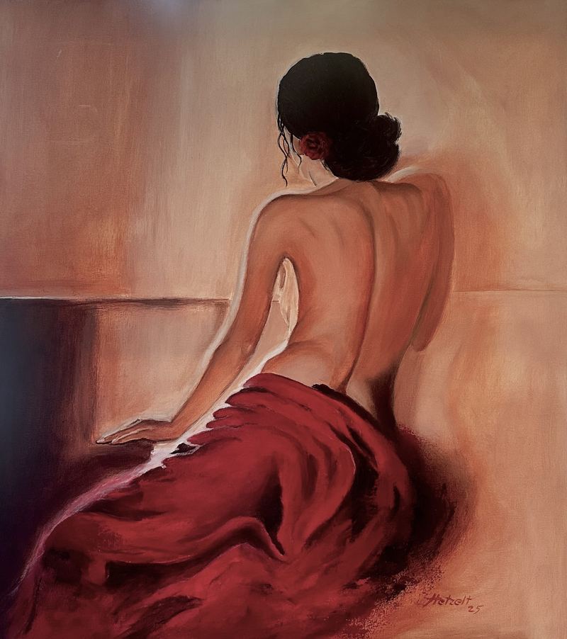 „Rückenakt in Rot“, Acrylgemälde, 60 x 70 cm aus der Serie Figur & Akt von Gisela Hetzelt