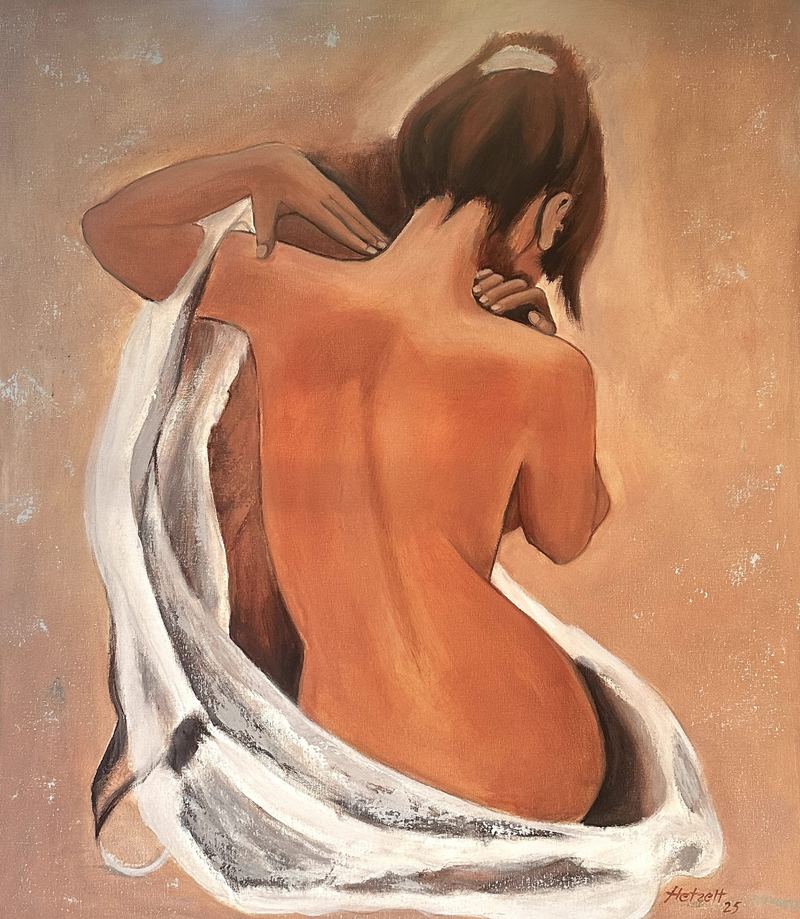„Rückenakt mit weißem Tuch“, Acrylgemälde, 60 x 70 cm aus der Serie Figur & Akt von Gisela Hetzelt