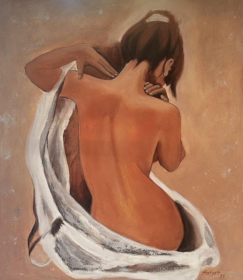 „Rückenakt mit weißem Tuch“, Acrylgemälde, 60 x 70 cm aus der Serie Figur & Akt von Gisela Hetzelt