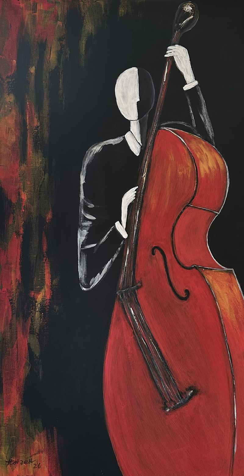 „Der Kontrabassist“, Acrylgemälde, 80 x 40 cm aus der Serie Figur & Akt von Gisela Hetzelt