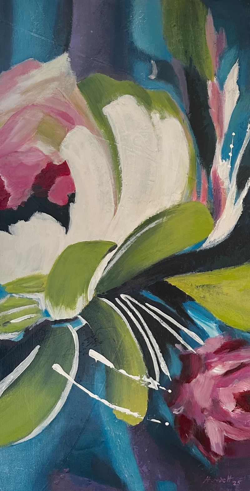 „Blüte, Nahaufnahme“, Acrylgemälde, 80 x 40 cm aus der Serie Blüten & Stillleben von Gisela Hetzelt