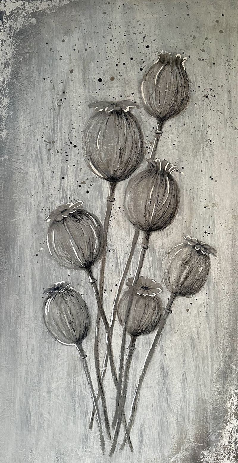 „Mohnkapseln“, Acrylgemälde, 80 x 40 cm aus der Serie Blüten & Stillleben von Gisela Hetzelt