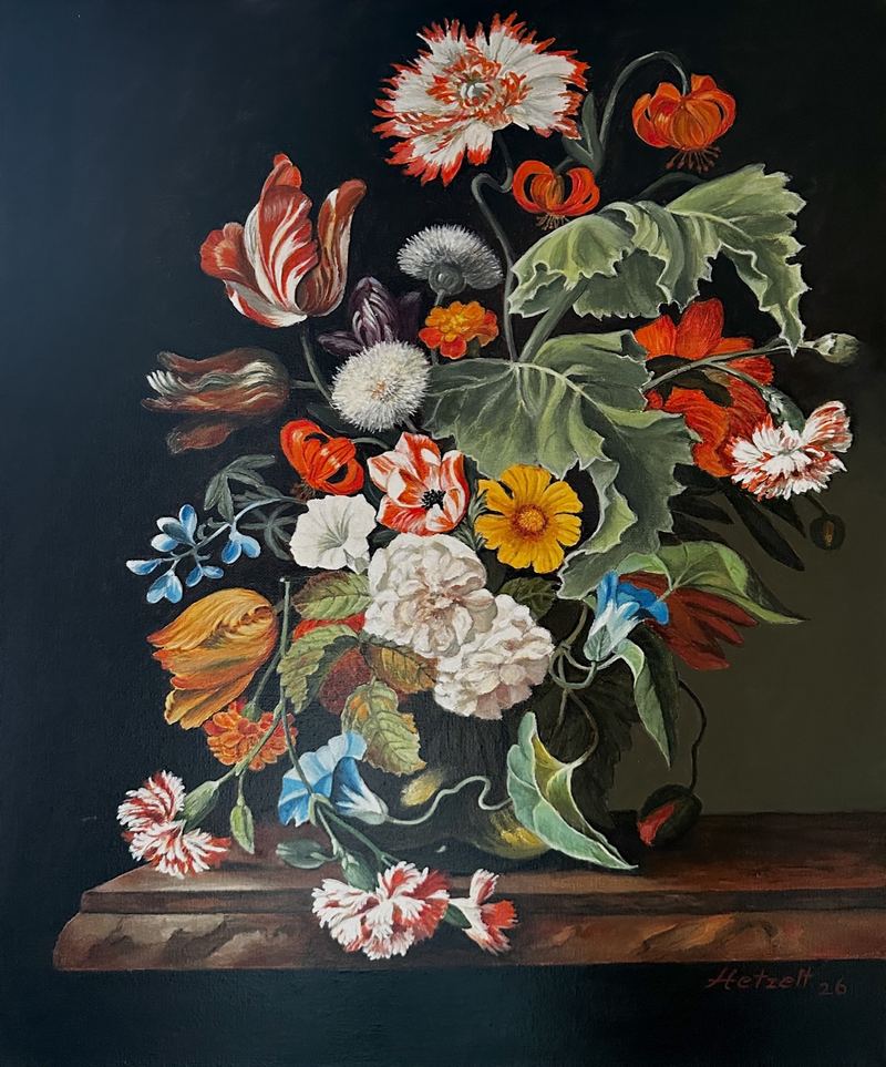 „Blumenstillleben vor Dunkel“ – Gemälde von Gisela Hetzelt aus der Serie Blüten & Stillleben
