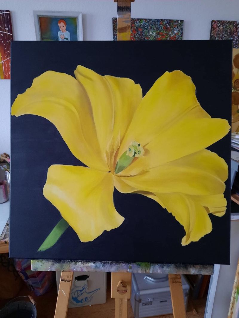 Acrylgemälde, 60 x 60 cm aus der Serie Acryl – Blumenserie auf Schwarz von Gisela Hetzelt
